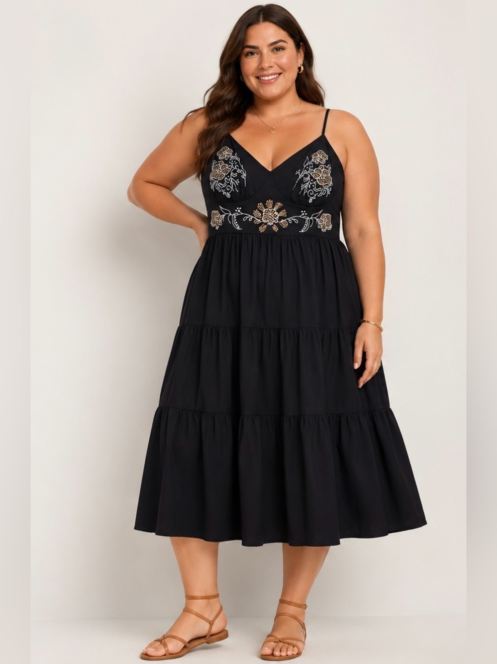 SHEIN Black Maxi Dress with Beige & Light Blue Floral Embroidery
